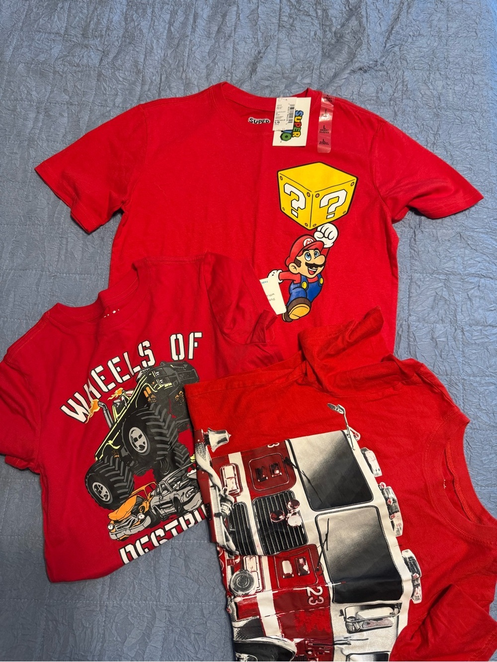 Red T-Shirts Super Mario, Firetruck, Monster Truck Graphics. Summer Vacation